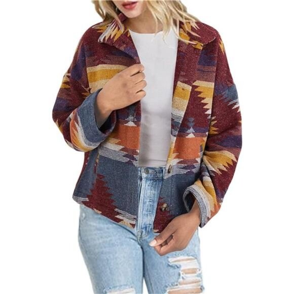 Red Aztec Tribal Southwestern Printed Button Down Corduroy Shacket Jacket - Picture 3 of 5